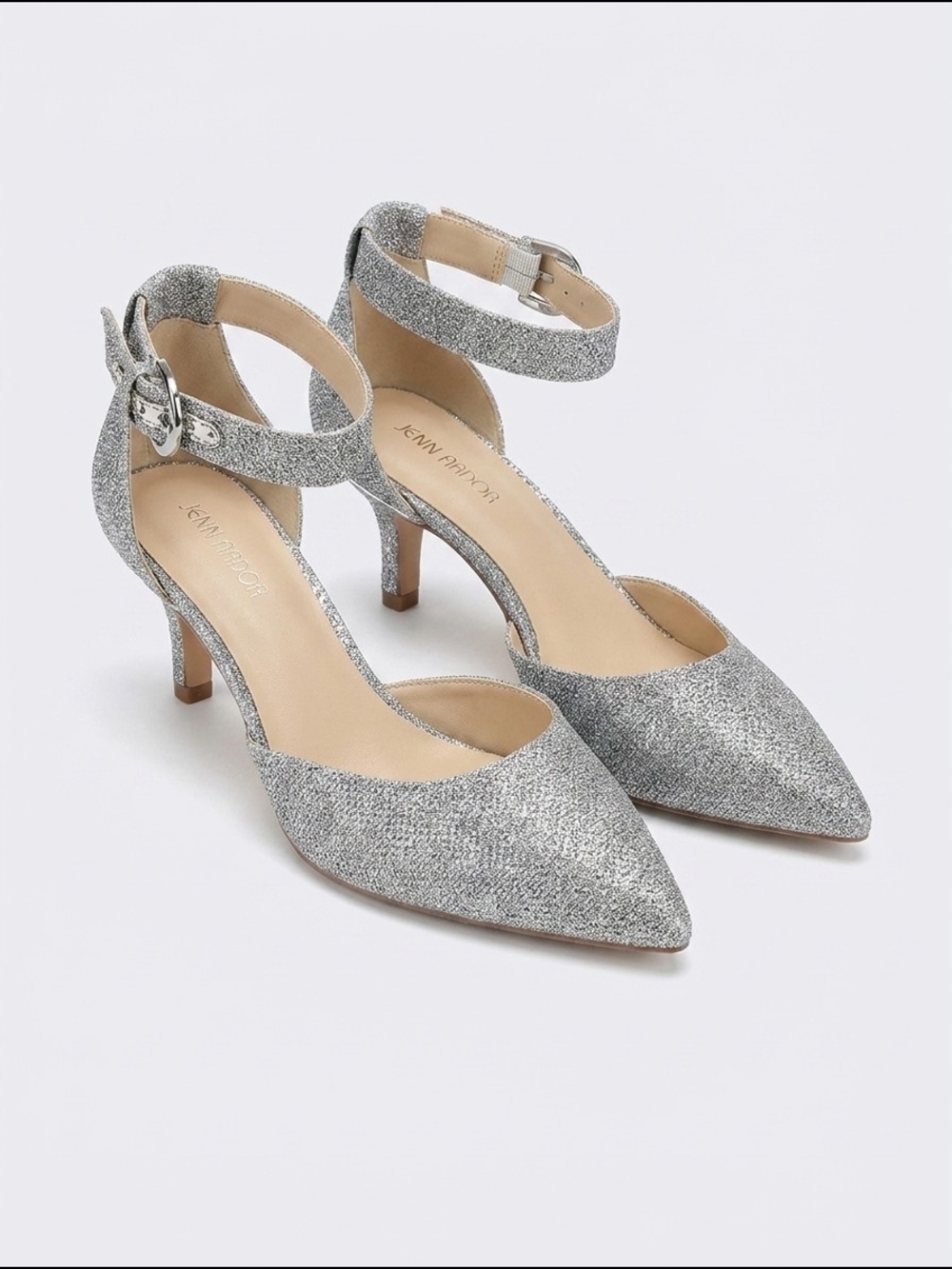 Jenn Ardor Silver Glitter Pointed-Toe Ankle-Strap Heels